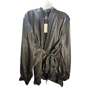 Acevog Womens Satin Black Wrap Robe With Tie Closure XL
